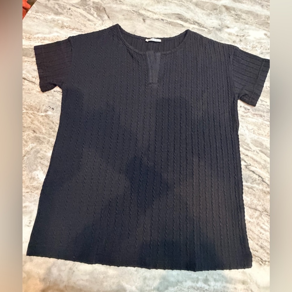 EKOUAER Black Textured Short Sleeve Top Size Medium Cable Knit
